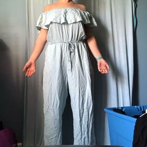 Wide leg light wash “denim” jumpsuit